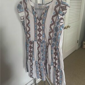 LOFT Ivory Dress with Blue and Brown Accents. Darling sleeves.